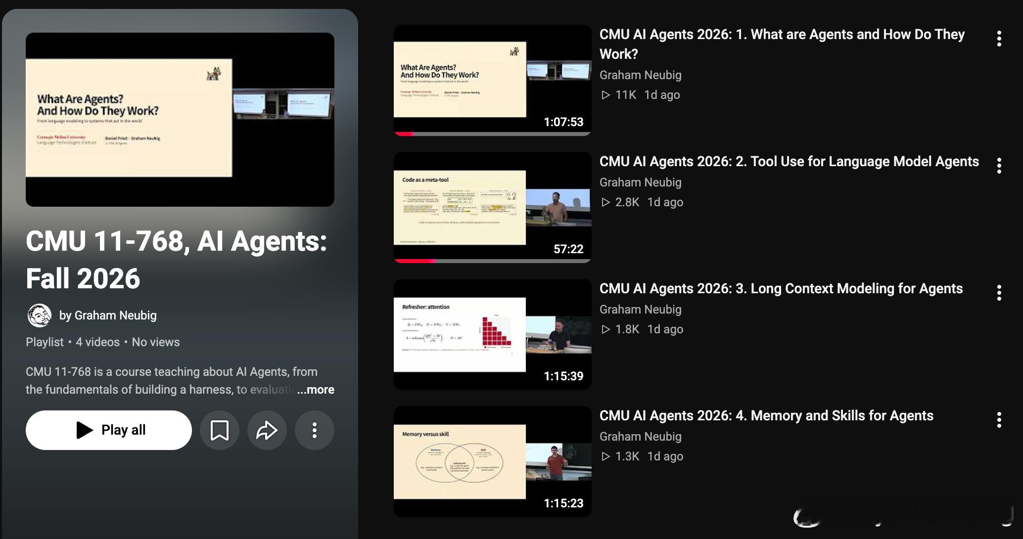 CMU（卡内基·瓜 大学） 新鲜出炉的课程：如何搭建 AI Agent。。。bro 只是看了第一个 lecture 感觉非常不错，已经推荐 JLL，并且提议一起学习+把学习过程录制成播客（尚未收到回应）。

时至今日，bro 仍然不时为这个时代优质信息是多么的触手可得而激动+感谢。这是一个伟大的时代。

甚至你不用主动搜 ​