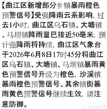 【曲江区新增部分乡镇暴雨橙色预警信号】受强降雨云系影响，过去1小时，曲...