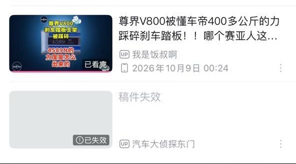 懂车帝关于尊界V800刹车踏板断裂的测试视频在B站、微博等多平台下架，抖音及自家平台仍可观看，事件引发对测试数据与车辆安全的激烈争议。  一、视频下架现状- 多平台失效：10月9日，该测试主视频在B站