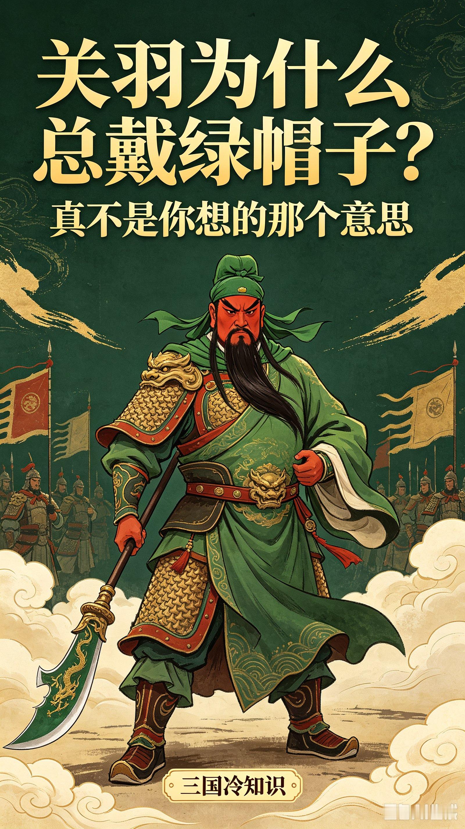 关羽为什么总戴着绿帽子？并不是为了好看，很多人都理解错了

说起关羽，大家脑海里第一印象，就是红脸、长髯，一身绿袍，头上一顶绿帽子。不少人会好奇，这顶绿帽子背后有什么故事，难道其中另有隐情？

其实在三国那个年代，绿色完全没有如今的负面含义。

汉代时期，服饰颜色代表身份等级。关羽出身普通，并非豪门