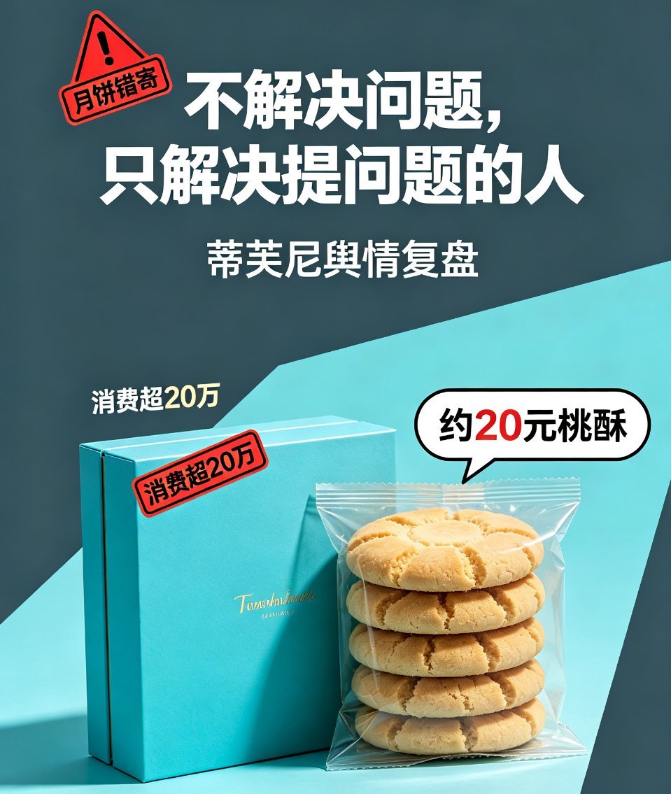 #Tiffany应该怎么公关#
不解决问题，只解决提问题的人！蒂芙尼舆情复盘。
 
蒂芙尼月饼变桃酥事件，成为奢侈品圈知名公关反面教材。消费超20万的客户，礼赠月饼错寄，品牌仅用20元桃酥补偿。AI感满满的道歉毫无诚意，消费者不肯删帖，账号就遭遇限制。奢侈品售卖的本就是尊重，试图压制发声、回避问题 ​