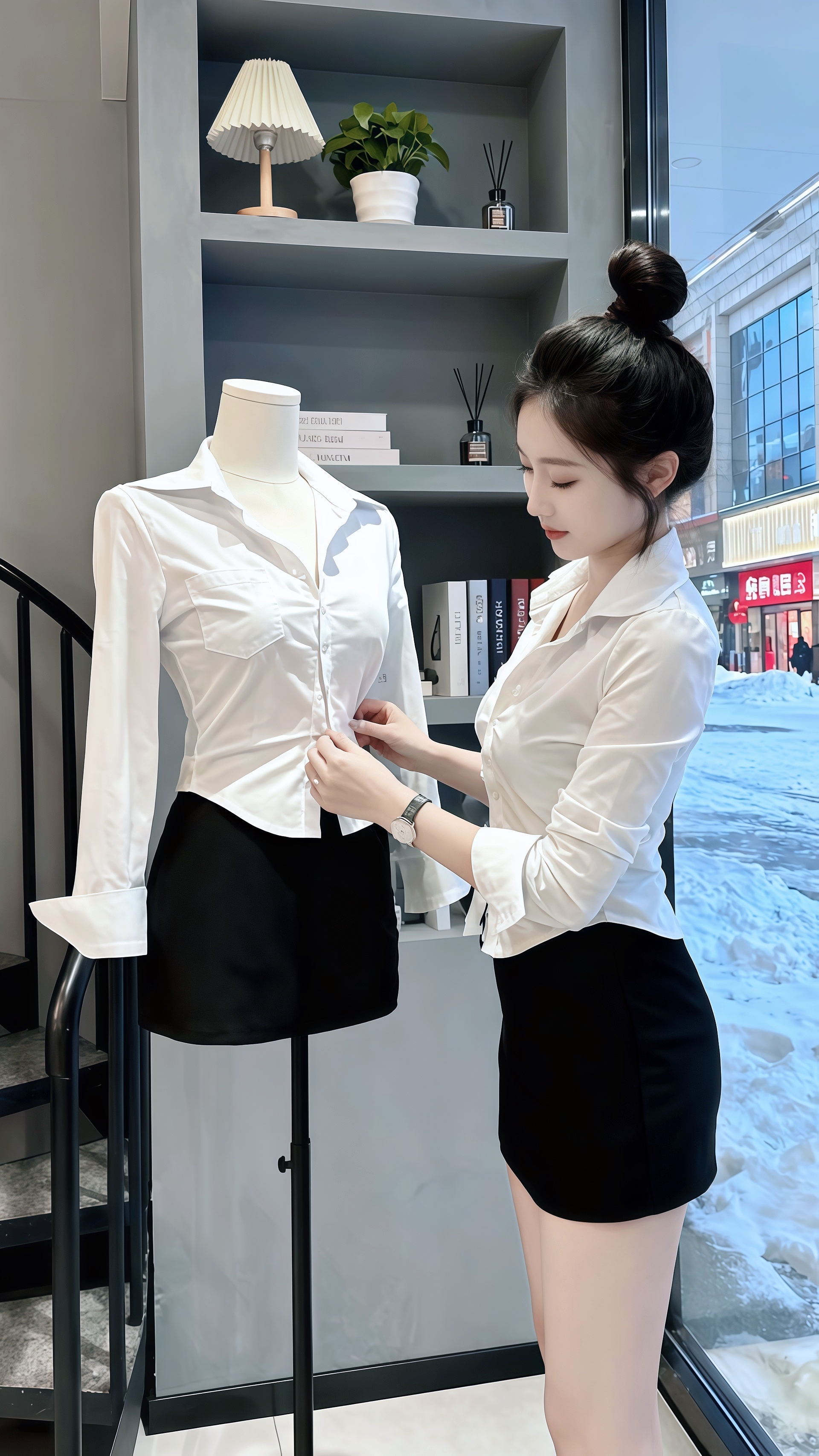 在暖调的室内，许妍的白衬衫与黑短裙勾勒出干练优雅的模样，窗外的雪景却似...