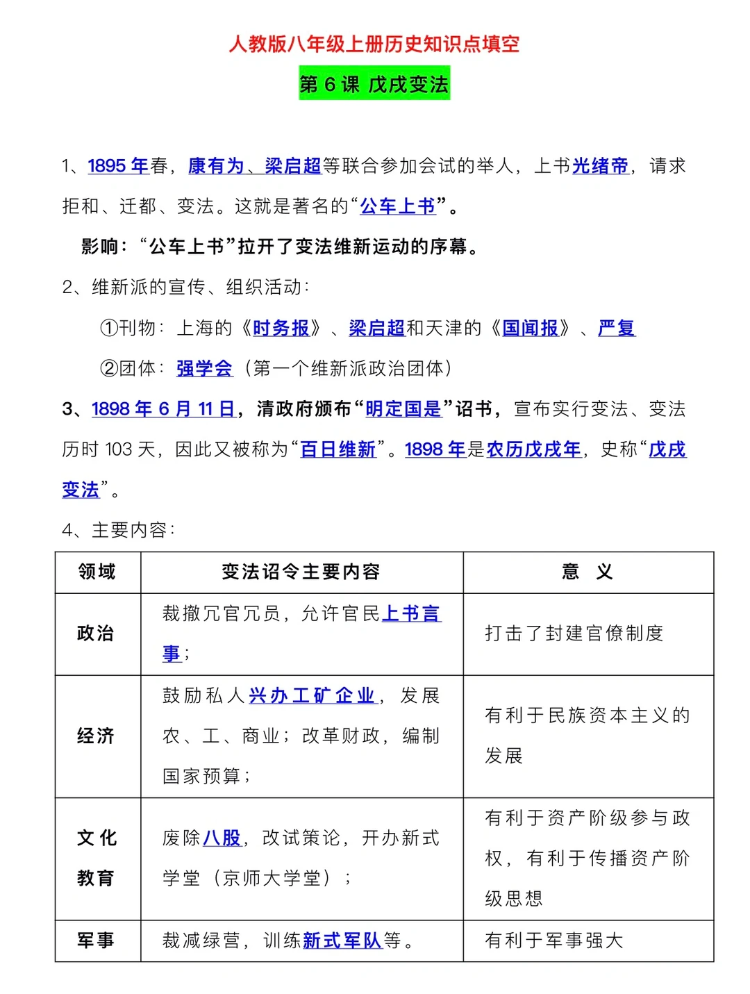 人教版八年级上册，历史知识点填空‼️