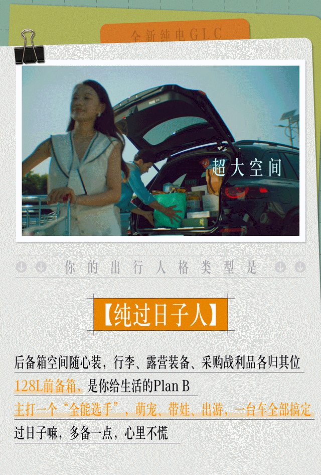 超长假期预备备，It's 休 Time！
准备切换「节后再说模式」
带你解锁全新纯电GLC的隐藏玩法——出行人格类型测试
·
欢迎评论区对号入座👇🏻
🫱寻找你的合拍出行搭子
解锁更多隐藏出行人格👉🏻即刻试驾
全国统一价 33.98万元起
⏰价值超5万元的多重上市权益，仅剩两天， ​