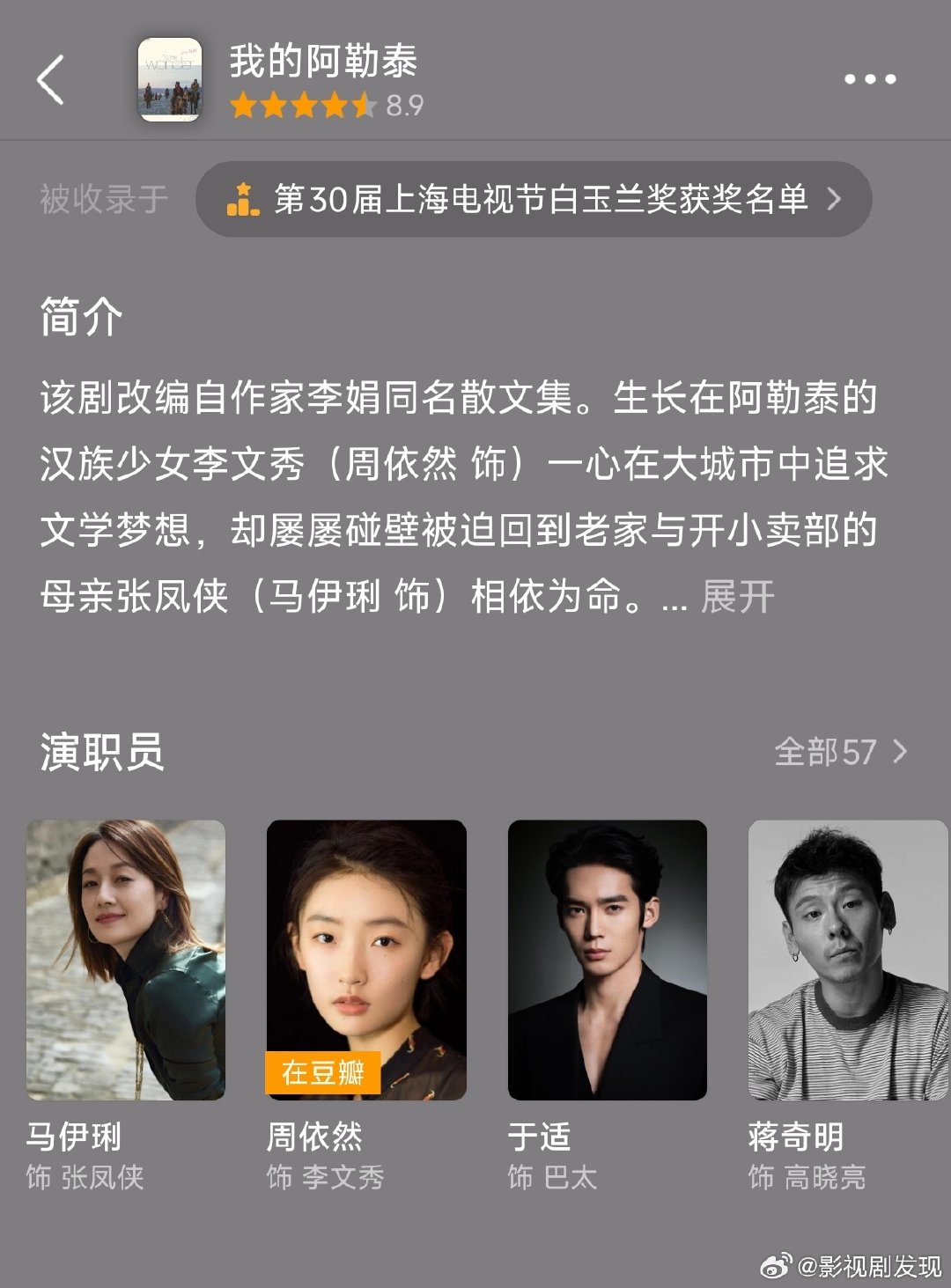 比起宋佳一串三，没人觉得于适提名更离谱吗？我的阿勒泰是他的第一部电视剧，这部剧体量小总共就八集，根本就没有什么可以展示的机会，而且于适是三番男主，戏份少也没有什么特别出圈名场面，获得飞天奖提名就很莫名其妙…… ​