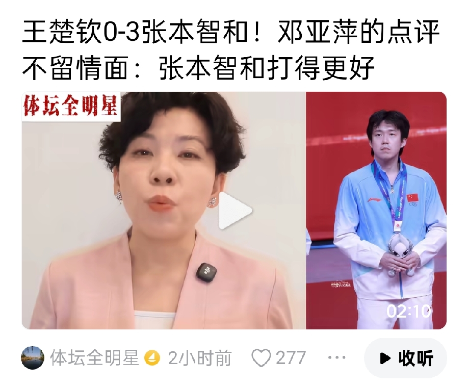 邓亚萍真敢说，
王楚钦0:3张本智和，
邓亚萍犀利点评，
张本智和打的更好，
不可否认张本智和真的打的不错，
但是也不能否认王楚钦的实力，
他也很努力，很优秀，
一次成败不代表永远，
相信王楚钦下次会赢回来的！
