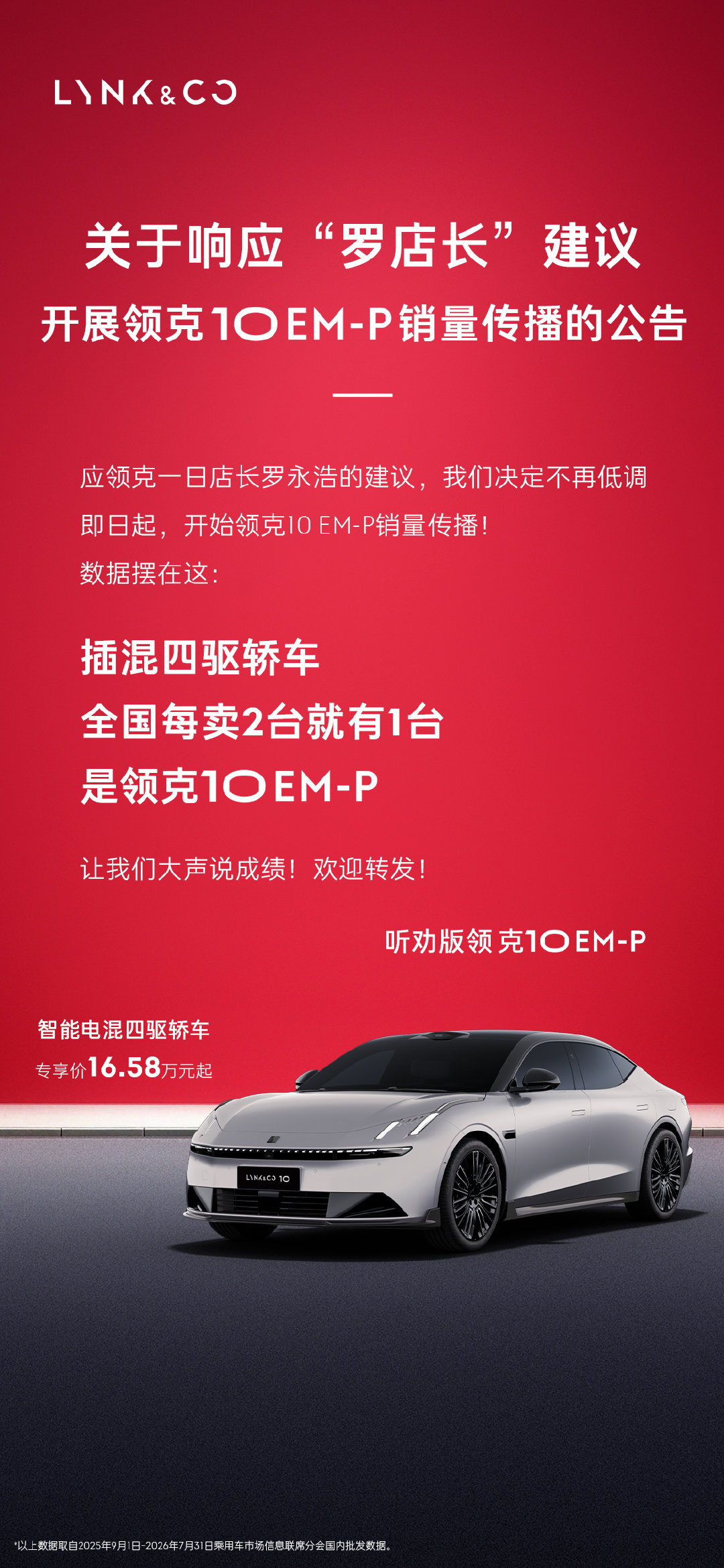 真听劝了！听一日店长罗永浩的话
#领克10#EM-P决定不再低调❗
正式开启销量传播🔛
实力摆在明面上，大声说成绩🚗 ​
