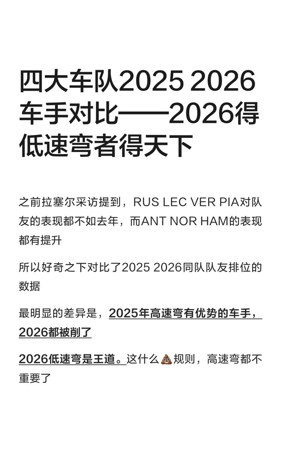 四大车队2025 2026队友对比——2026得低速