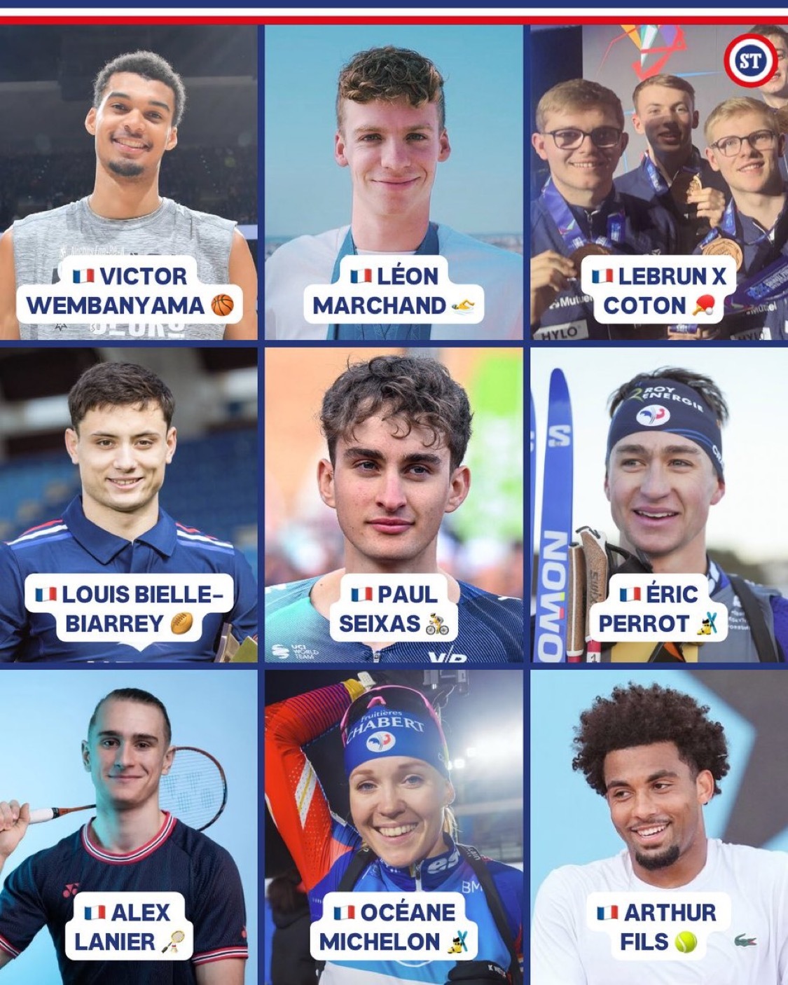 🇫🇷我们将迎来多么美好的体育年华 ❤️

🏀 维克托·文班亚马（22岁）
🏊 莱昂·马尔尚（24岁）
🏓 费利克斯·勒布伦（19岁） × 艾利克斯·勒布伦（22岁） × 弗拉维安·科顿（18岁）
⚽️ 路易·比耶-比亚雷（23岁）
🚴 保罗·塞克萨斯（19岁）
🎿 埃里克·佩罗（25岁）
🏸 亚历克斯·拉尼尔（ ​