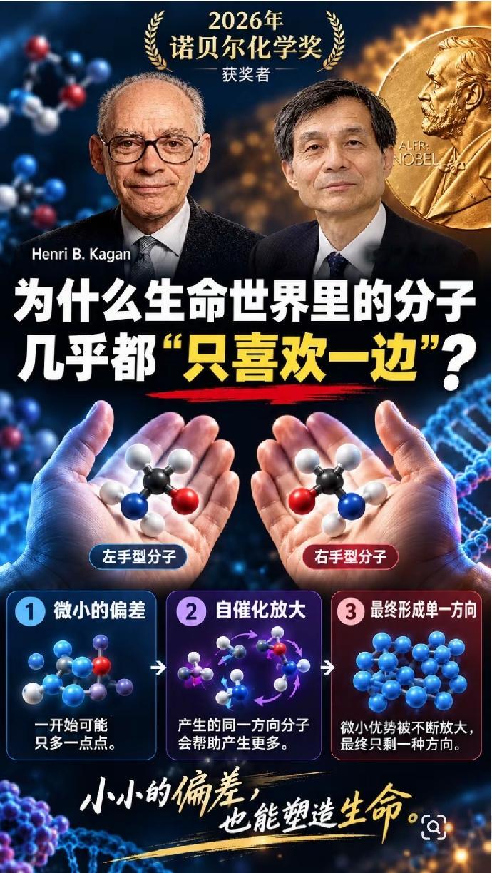 又是日本，又是“基础”
 
日本，又是日本——
硖合宪三 Kenso Soai
2026年诺贝尔化学奖得主 。
 
· 任职：东京理科大学
· 核心贡献：发现“手性自催化反应（Soai 反应）”。
简单解释一下就是：反应产物自身可以充当催化剂；微量手性分子可以催化生成更多相同手性产物，实现手性信号放