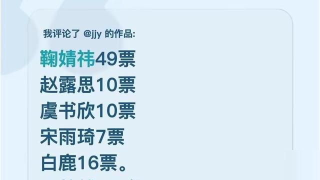 49票断层第一，鞠婧祎这数据把后面几位甩得连尾灯都看不见。
白鹿、赵露思、虞书欣仨人票数加起来，愣是没干过她一个。王楚然、章若楠、邓紫棋更惨，直接进了告急名单。
但你去翻鞠婧祎最近的活儿，人压根没闲着。《万花世界》刚官宣她演苏绿夏，快穿无限流，题材本身就带疯批属性。手里还压着《千香》《月鳞绮纪》