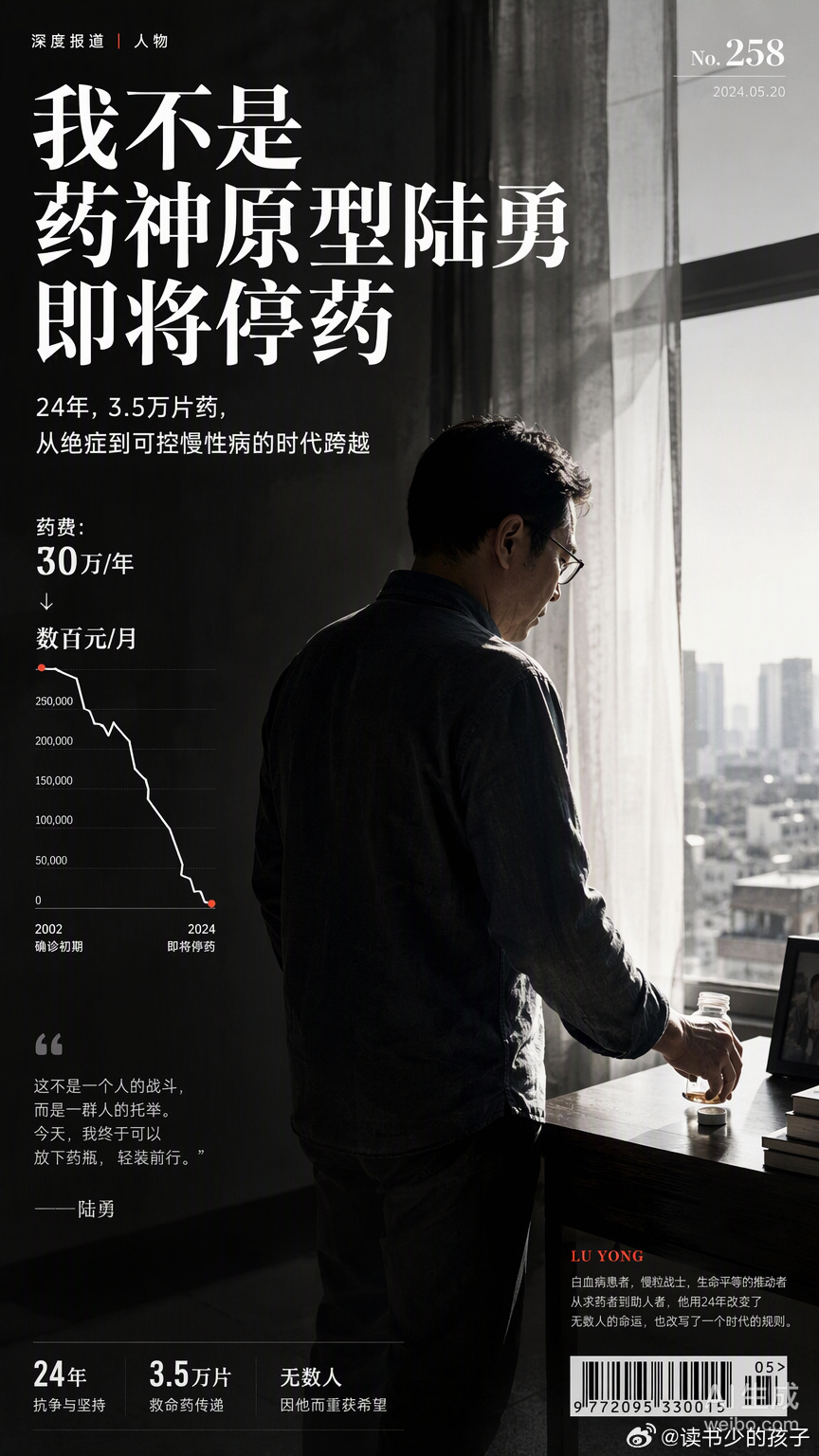 看热搜聊“我不是药神原型陆勇即将停药”，心里那股子对生命韧性的紧绷感又上来了。

累计服药24年、吞下3.5万片靶向药，这个曾在电影里让人揪心的名字，如今正计划与漫长的治疗告别。从当年“一年吃掉一套房”的绝望，到如今每月自付几百块的从容，陆勇的这次尝试不只是个人的胜利，更是医疗制度进步 ​