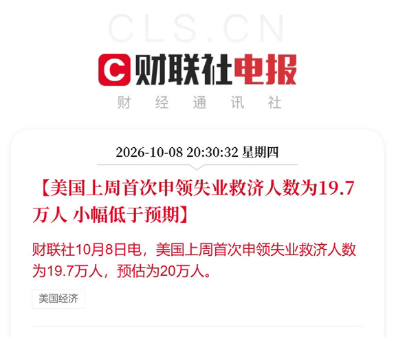 美国上周首次申领失业救济人数为19.7万人