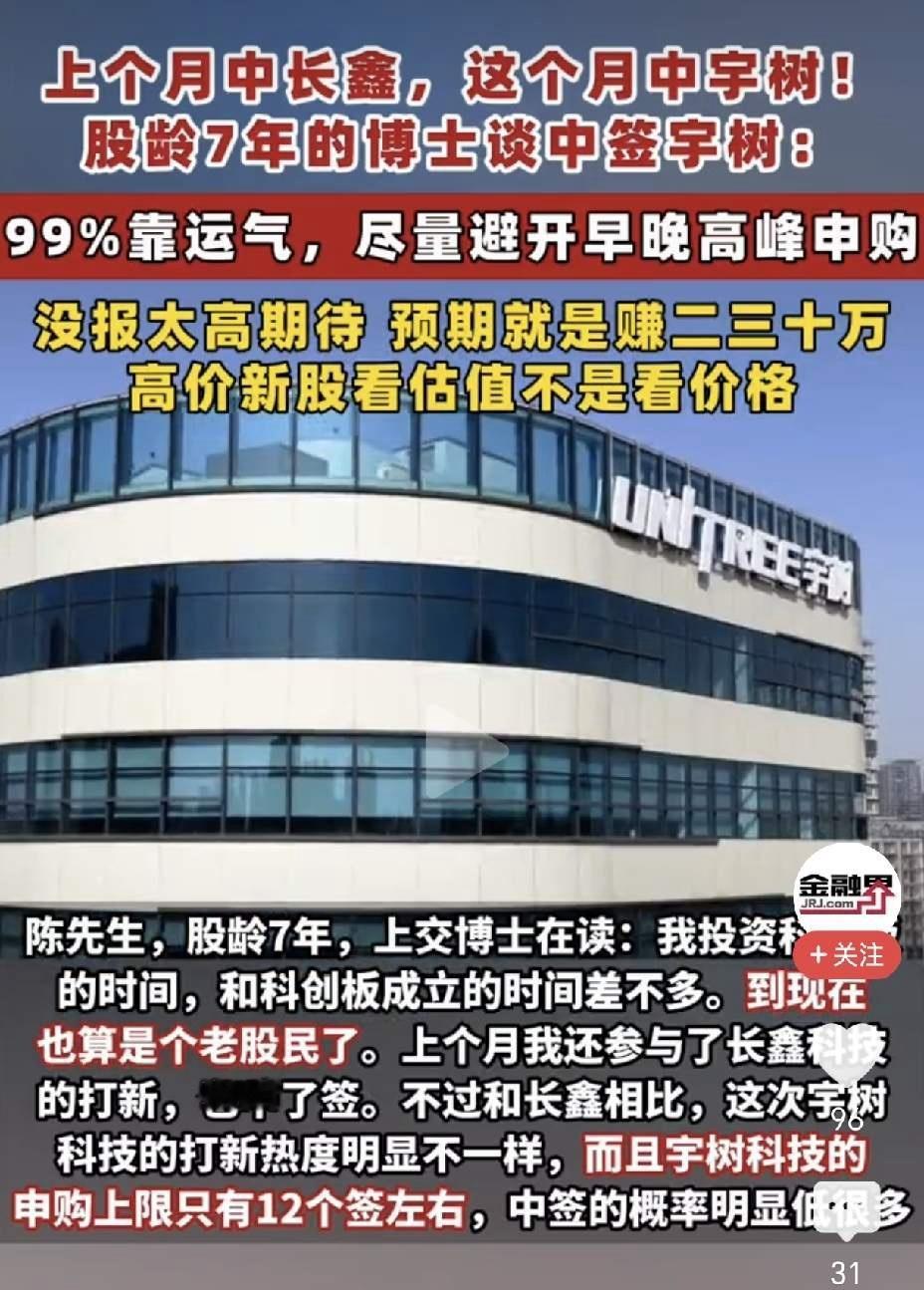 太幸运了！一网友先后中长鑫和宇树！根据媒体报道，一位在上海交大读博士的陈先生称7月中签长鑫科技，8月份又中了宇树科技，如果上市后就卖出，那么仅仅两个月就赚到了近50万元，这运气就太好了。

长鑫科技发行价8.66元，中一签500股需要缴纳款项4330元，中签率0.47%，上市后价格达到了49.5元，一签就 ​