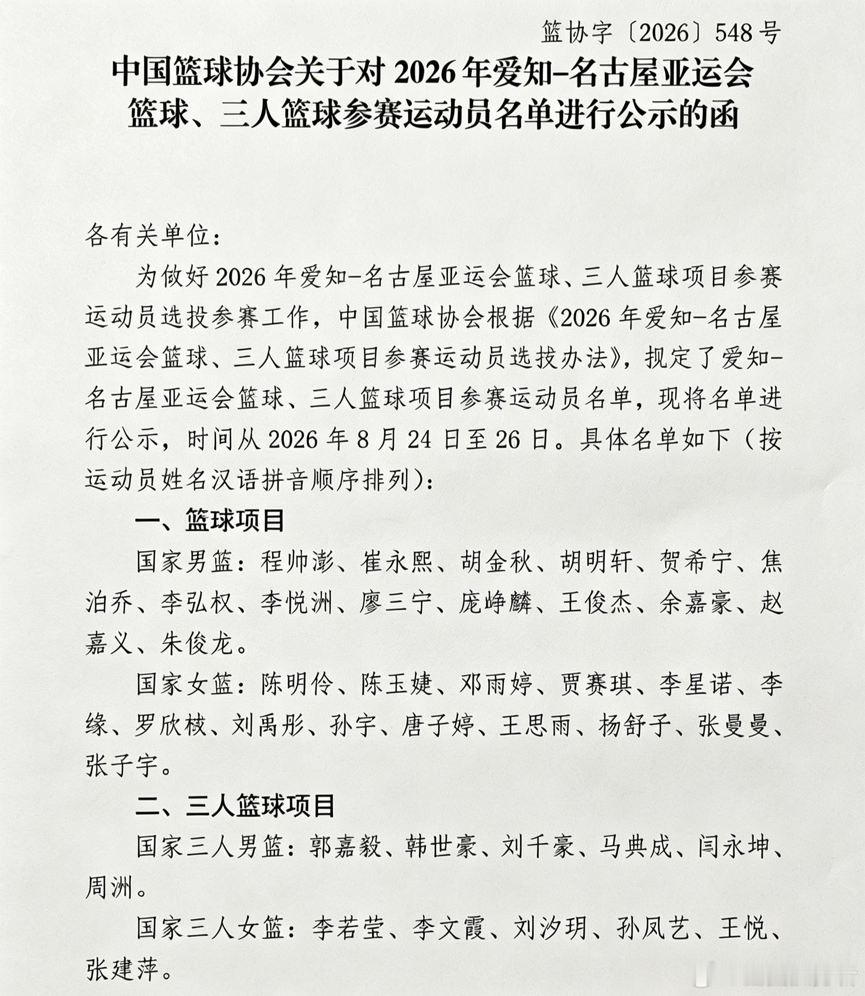 篮协公示2026爱知-名古屋亚运会篮球参赛大名单。从名单能看出，阵容更...