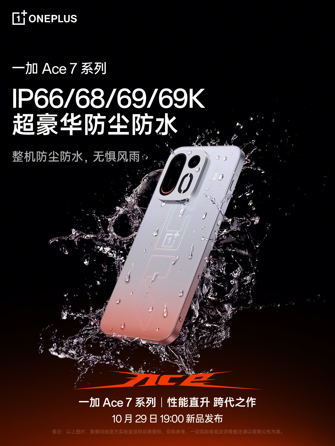 一加 Ace 7 系列支持 IP66/68/69/69K 超豪华防尘防水！

生活中的各种遇水小意外，都能从容应对，无惧风雨。

10 月 29 日19:00，#一加Ace7#系列新品发布会，敬请期待。

关注 + 转发，抽 1 位加油送一份一加周边。 ​​​