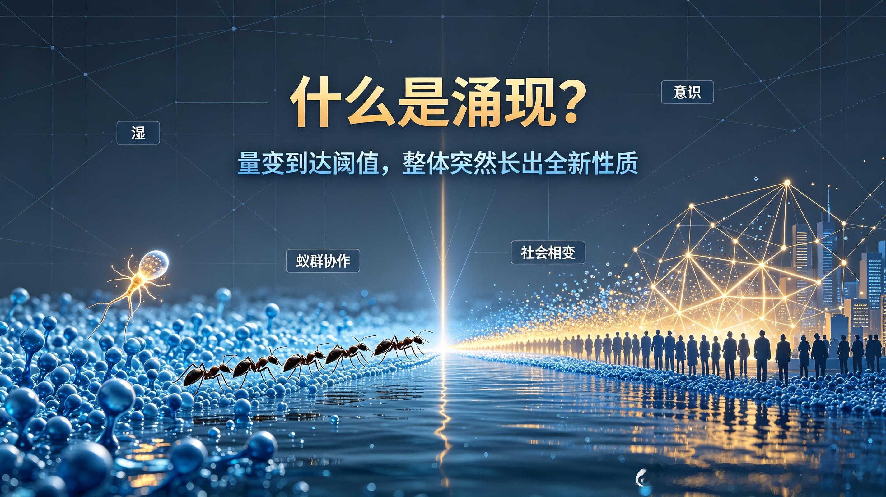 《我们正站在涌现的门口吗？》

——从百家争鸣到 AI

二、什么叫涌现，怎么识别？

涌现这个词来自复杂系统。水分子本身没有“湿”这个属性，但海量水分子聚集在一起，就涌现出“湿润”；单个神经元不具备意识，但海量神经元相互作用，诞生意识；单只蚂蚁行为简单，蚁群却能筑巢、作战、规划路线。

 ​
