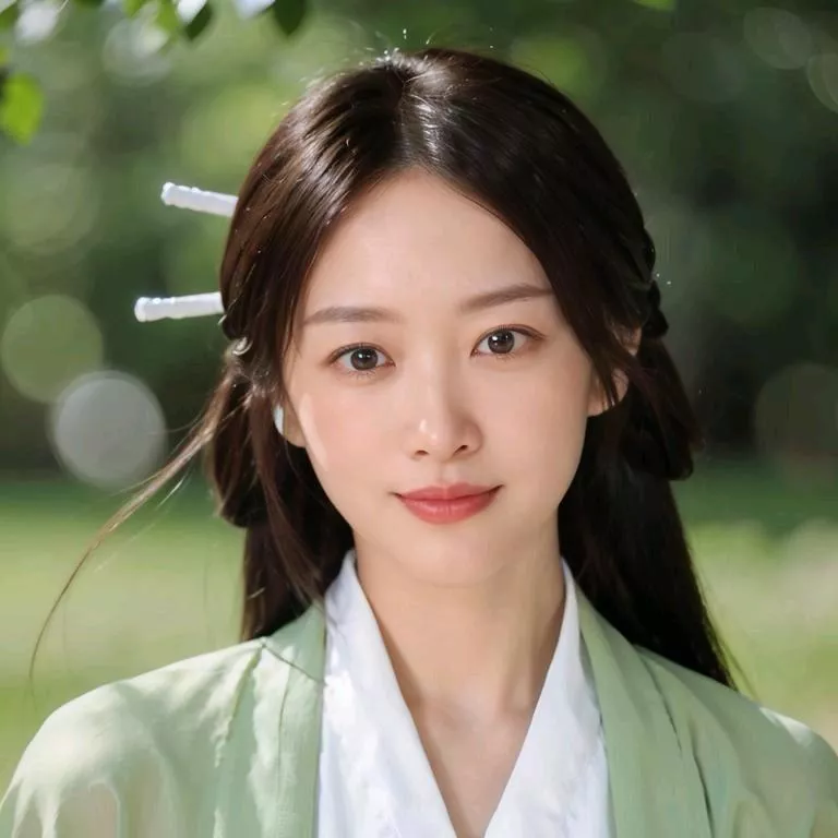 古装美女清新自然，绿意盎然，仿佛置身世外桃源。