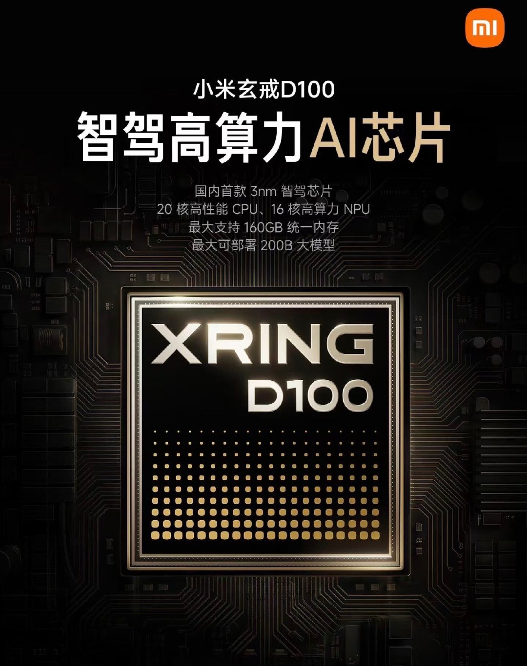 玄戒D100，国内首款3nm智驾高算力AI芯片！搭载3nm先进工艺，20核高性能CPU搭配16核高算力NPU，算力实力强悍。

最高支持160GB统一内存，可车端本地部署200B参数量超大模型，赋能高阶智驾大模型运算。

目前芯片已研发完成，将于明年正式商用，国产车载算力迎来新突破，你看好它的实际表现吗？ ​