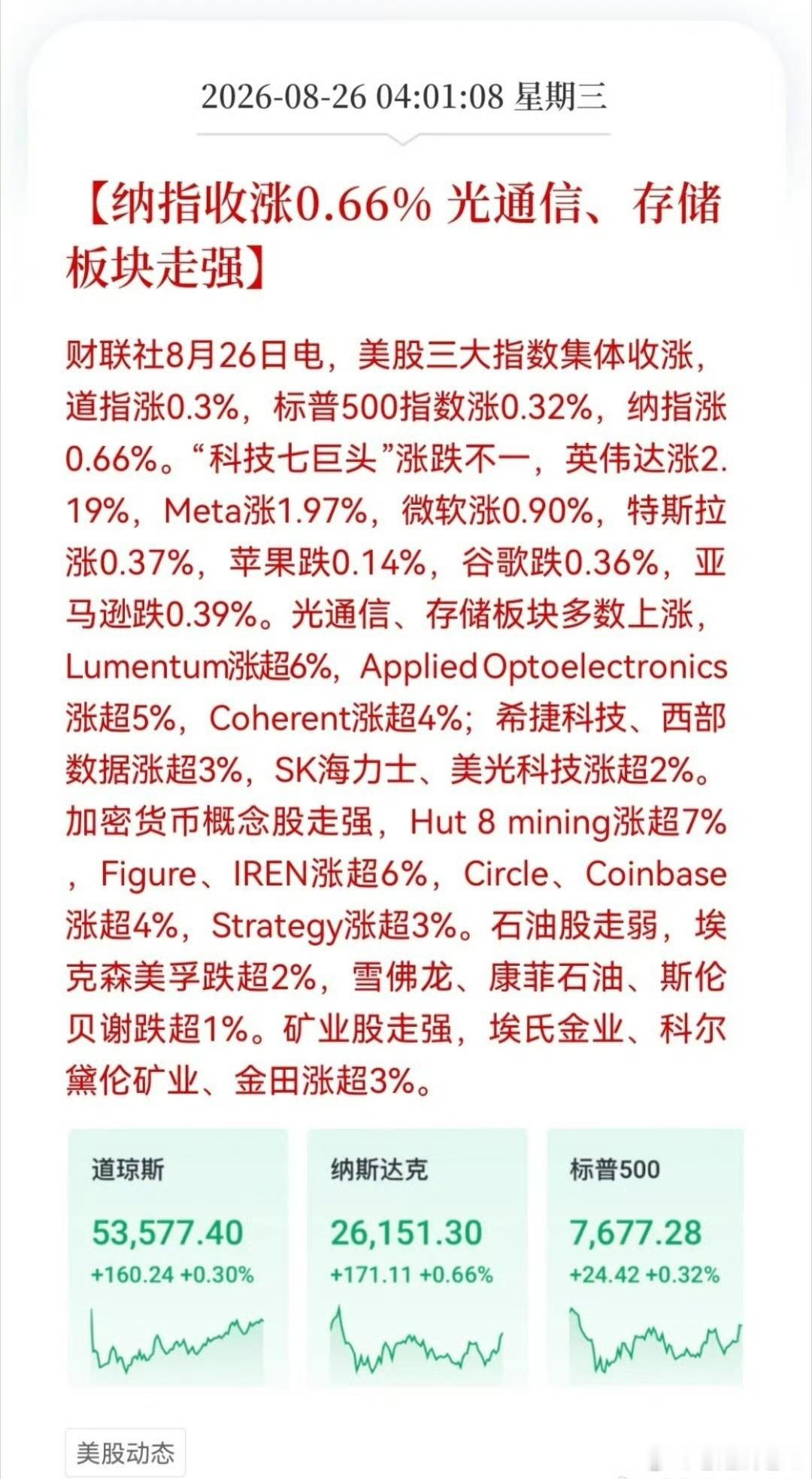 一觉醒来，行情雨过天晴！外围风险资产集体回暖，麻袋该准备上了
 
隔夜纳指收涨0.66%，海外算力硬件全线走强。
光通信、存储芯片表现亮眼：Lumentum、希捷大涨超3%，西部数据+3.53%，美光接近2.5%，SK海力士+2.65%，英伟达上涨超2%。
美股整体涨幅相对克制，市场在观望今晚盘后英伟达重磅财报。
 
地 ​