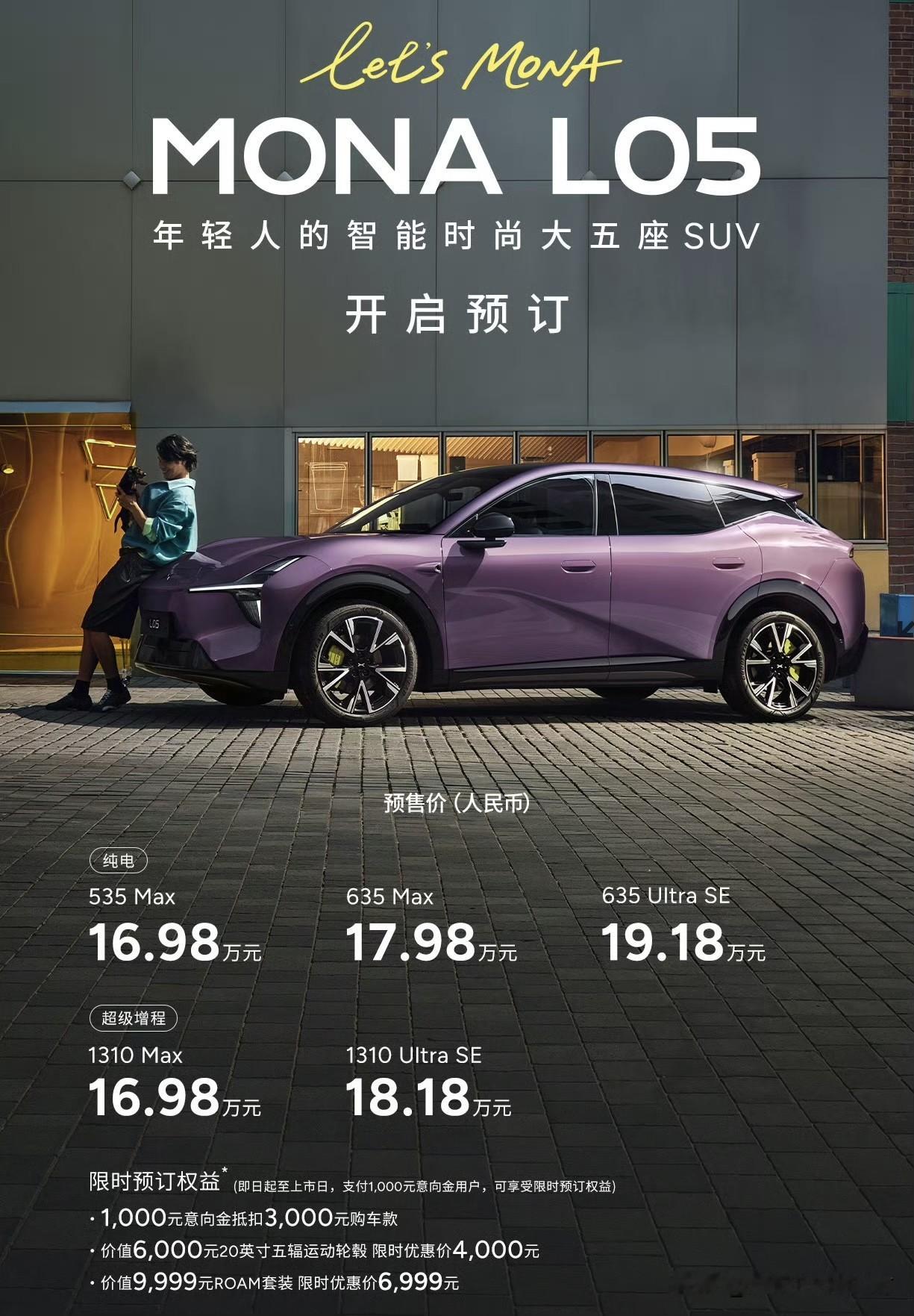 小鹏MONA L05这预售价怎么样？

全系16.98万元-19.18万元，Max版起步。

相较于MONA L03，类似配置的大约贵了3万元多一点（当然，目前只是预售价），L03 525Max 13.48万元。

与G6的价格基本相当，G6 625Max科技版17.68万元。

MONA L05是