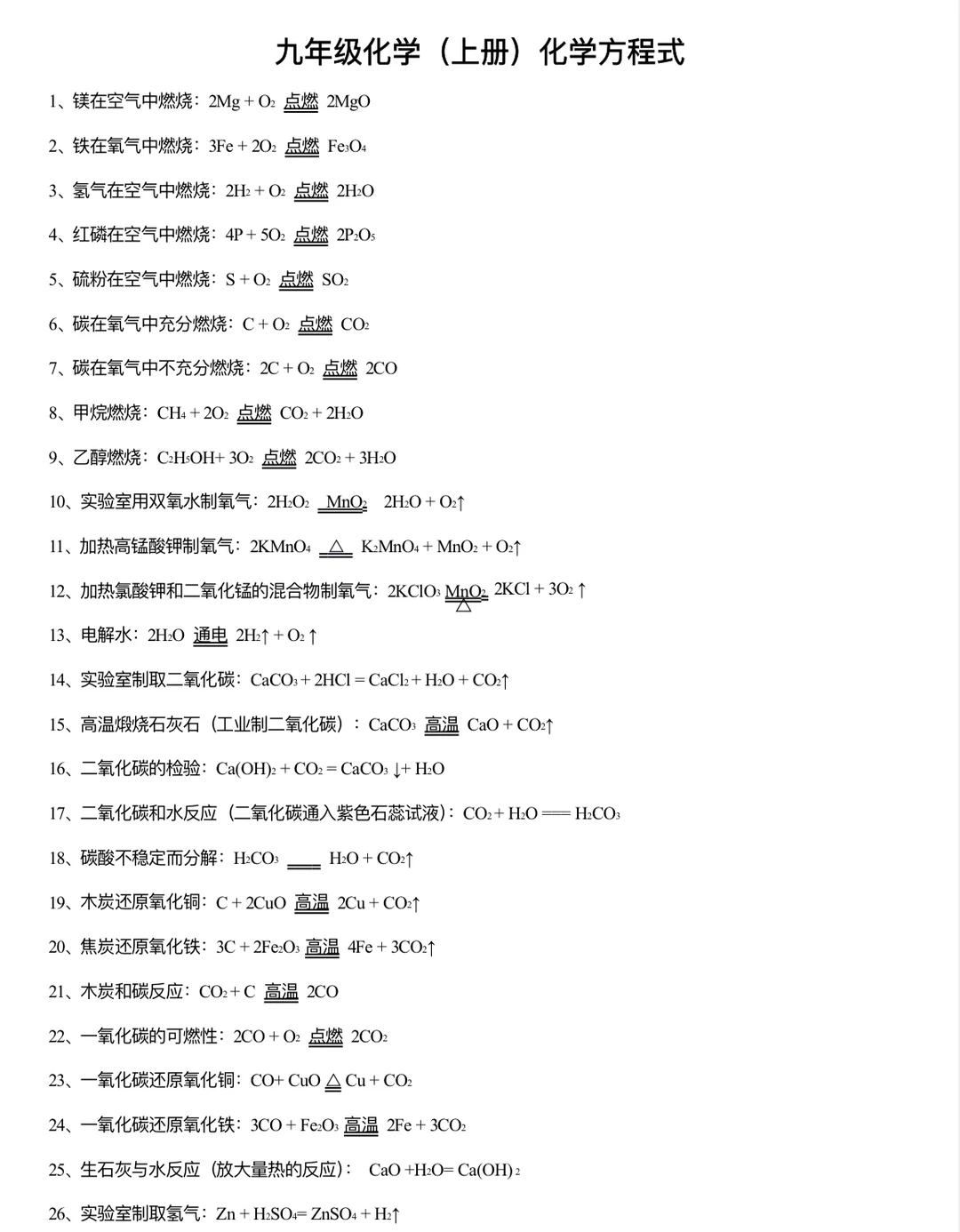九年级上册化学方程式（带空白表）‼️