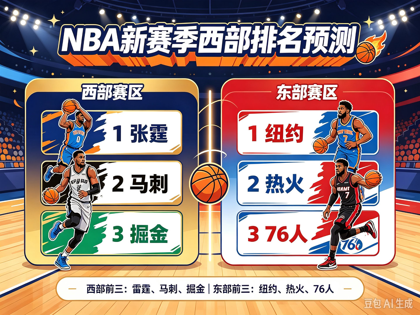 #NBA新赛季西部排名预测#NBA新赛季即将拉开帷幕，先来一波预测，西部:近几年的劲旅应该不会翻车，雷霆、马刺、掘金，西部就是稳[赞]东部变天，几支新贵球队实力拉满，纽约、热火、76人。新赛季，拭目以待[鲜花][鲜花][鲜花]#nba零距离[超话]# ​