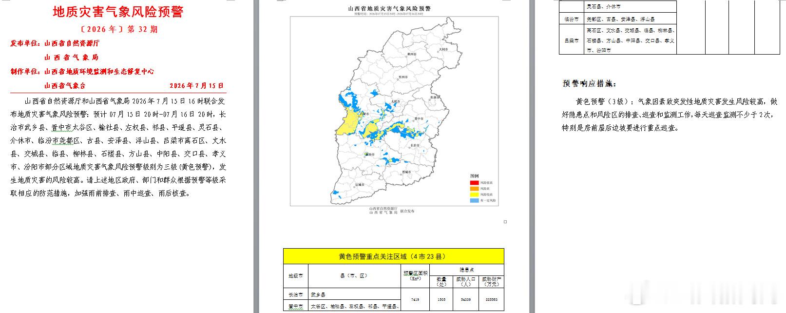 【山西发布地质灾害气象风险预警】山西省自然资源厅和山西省气象局2026...
