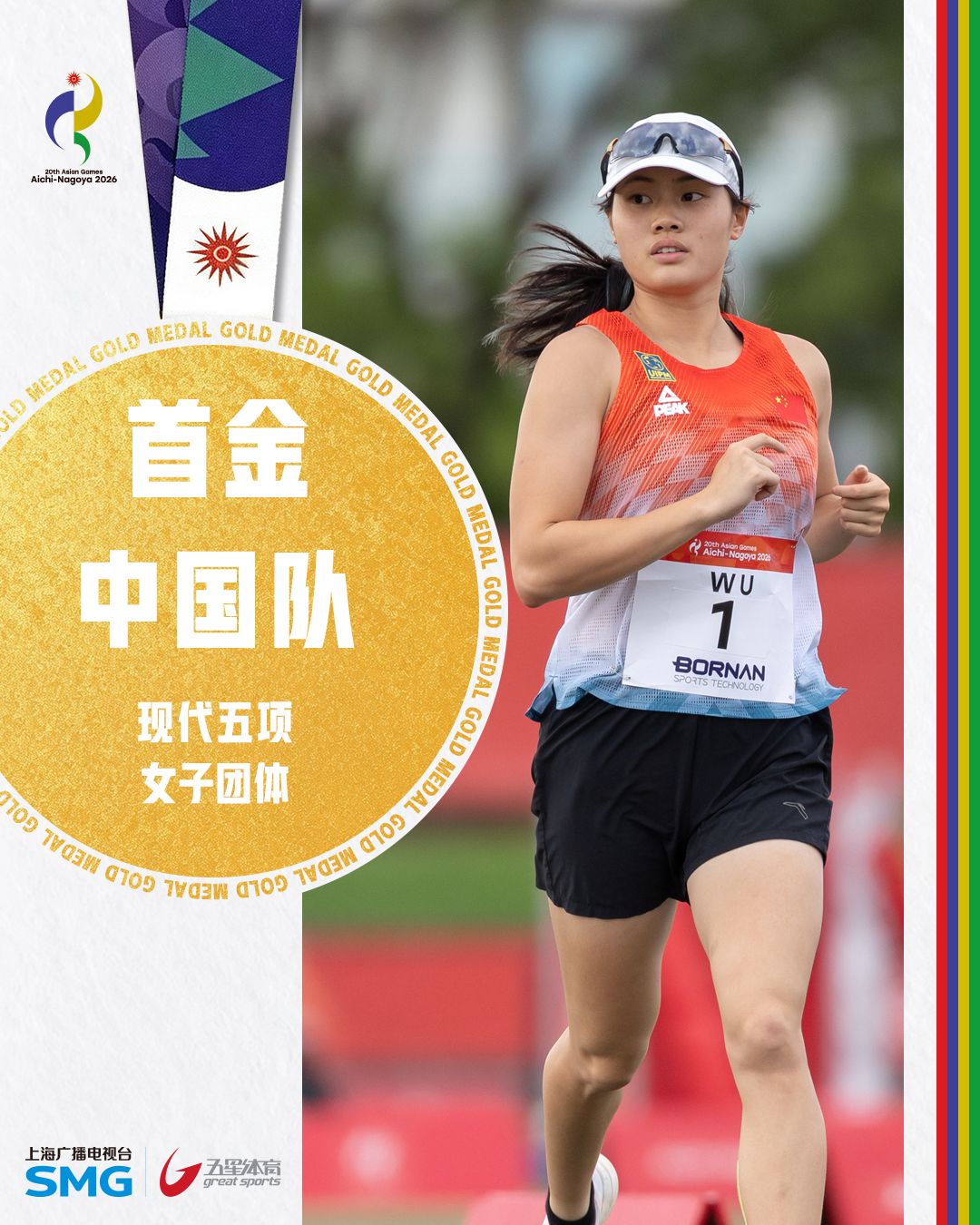 中国代表团首金！中国队获得亚运会现代五项女子团体金牌 

参考信源：澎湃新闻网

首金落定：中国队夺得亚运会现代五项女子团体金牌

9月20日上午，2026年爱知·名古屋亚运会迎来开幕后首个比赛日。

现代五项女子个人及团体项目率先决出金牌。

中国队站上最高领奖台。

由张明煜、吴希瑶、付静、孟鑫