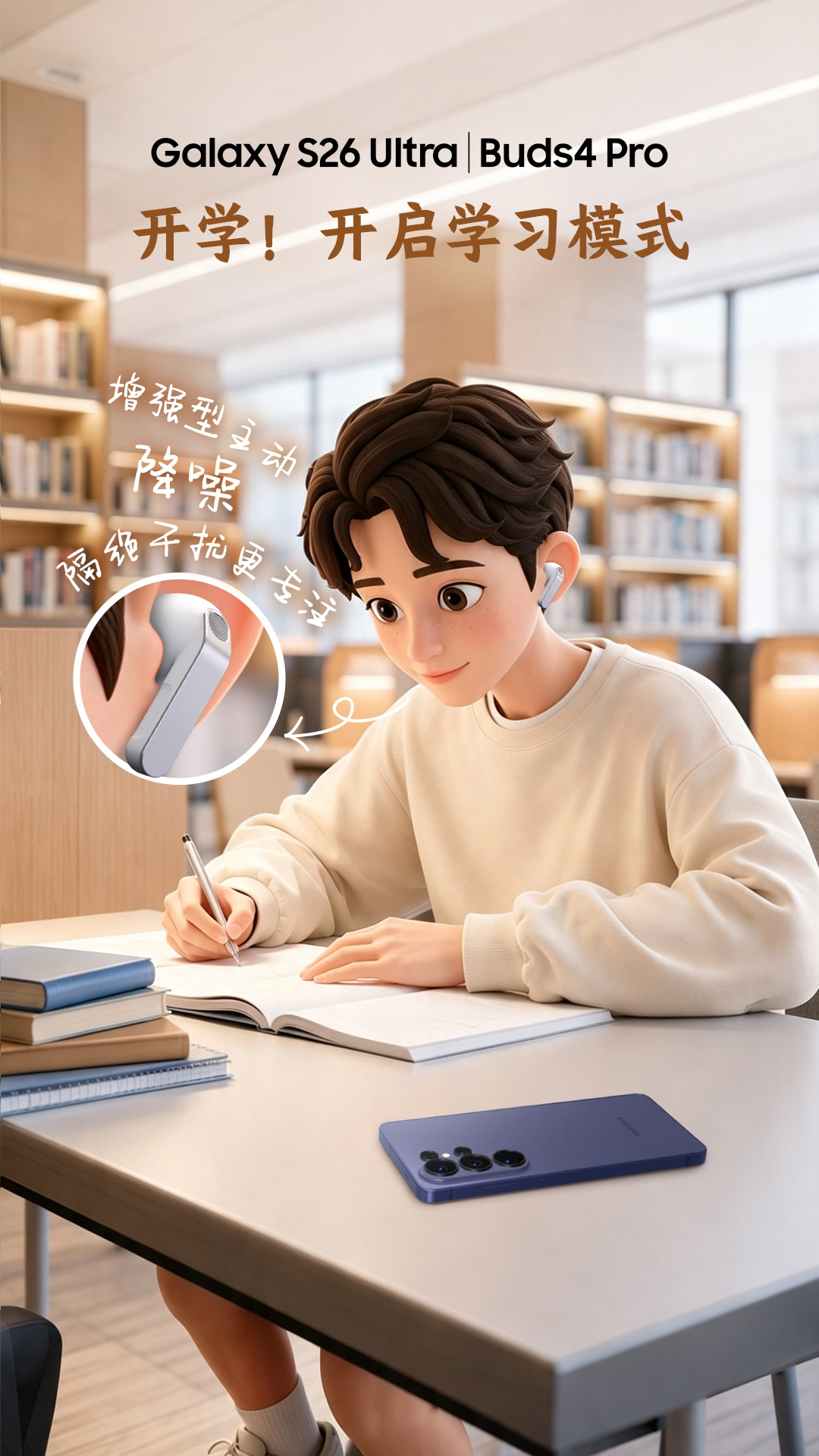 新学期已开场！获得Galaxy系列装备即可解锁如下场景副本：
-新社团解锁装备Galaxy S26 Ultra：迎新Day看我拿捏手绘，夜拍晚会！
-图书馆解锁装备Galaxy Buds4 Pro：周围的杂音只会影响我吸收知识的速度！
-体能测试解锁装备Galaxy Watch9：体测之前，需要“陪练”。
校园副本已解锁！你装备好了吗？
 ​