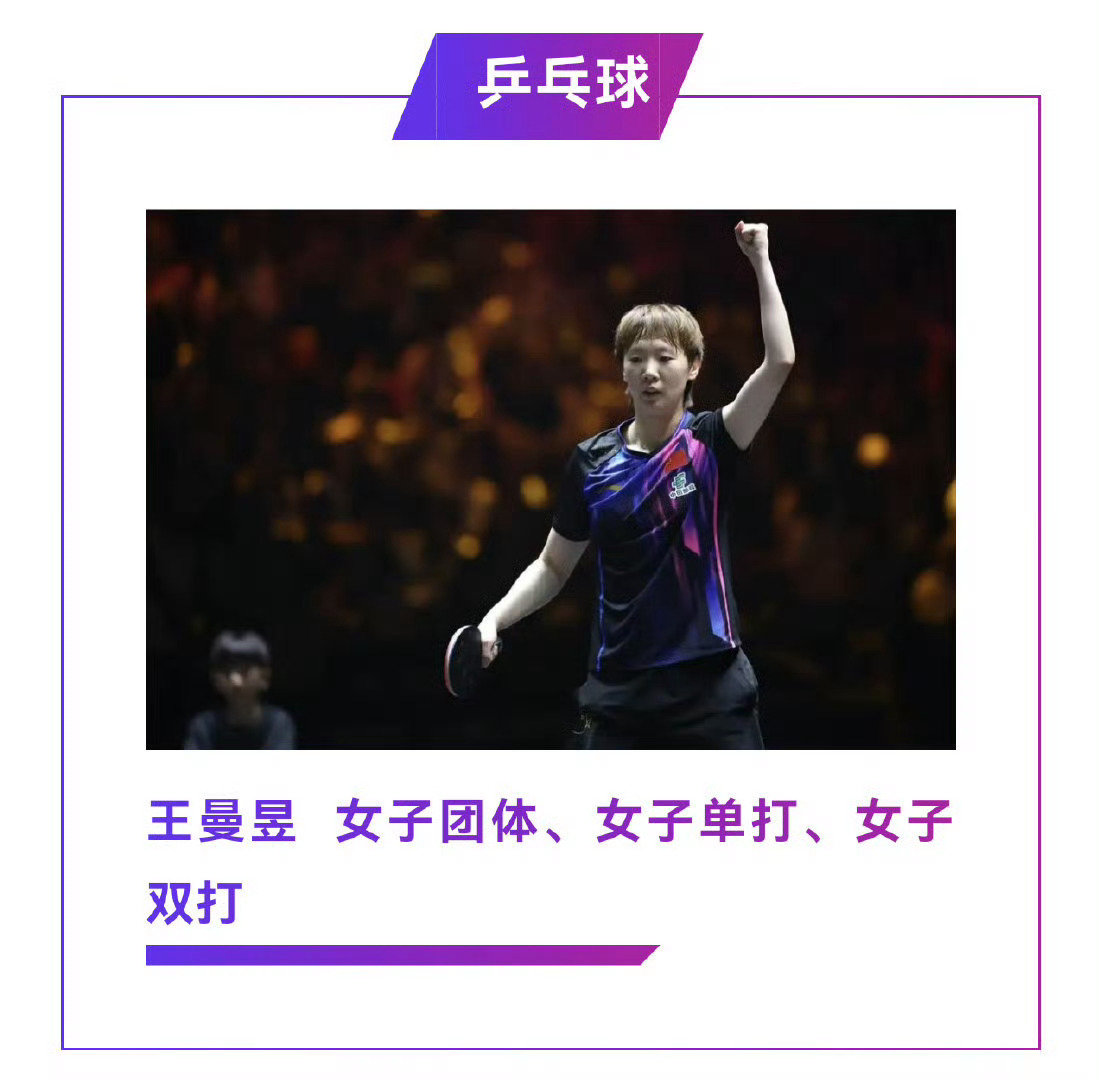 #国乒10人出战亚运会#
本次爱知·名古屋亚运会
王曼昱将出战女单、女双、女团三项
王曼昱加油[加油][加油][加油]中国乒乓球队加油🇨🇳🇨🇳🇨🇳 ​
