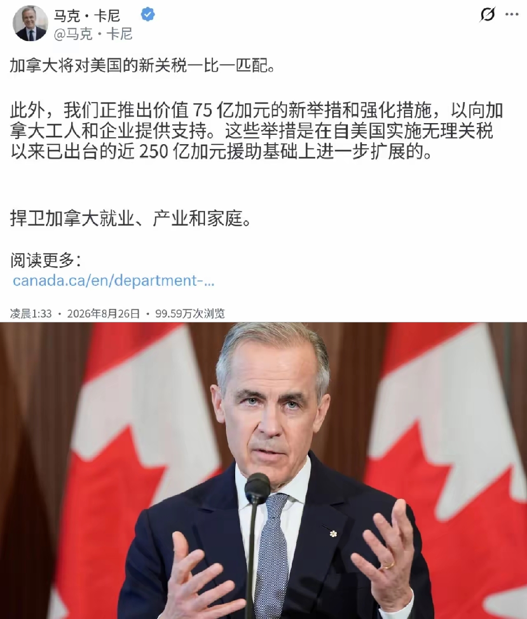 在看到自己宣布的对加拿大施压的重税没有得到加拿大方面足够的“尊重”，并且实施反制后，特朗普暴跳如雷发长文对加拿大总理卡尼和安大略省省长道格·福特进行歇斯底里地攻击，说“美国几十年来一直在养活加拿大”，“没有美国，加拿大根本无法生存”；说道格·福特“缺乏魅力、才智平庸”；说应该有人让（加拿大）这些小丑