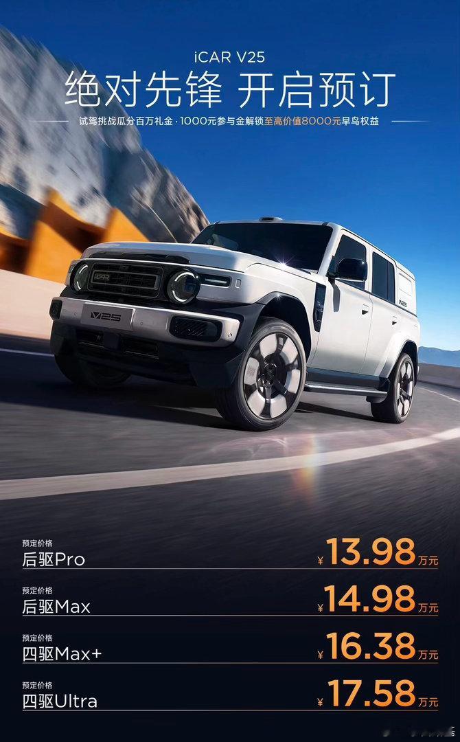 iCAR V25刚开启预售，13.98万起。

这车可以理解为加长版的V23，好看复古的设计都被延续下来了、实用性提升较大，动力用上了增程。全系都是33.7度电池，两驱版210km、四驱版200km。

今年方盒子市场竞争比较激烈，大家觉得V25这个预售价怎么样？ ​