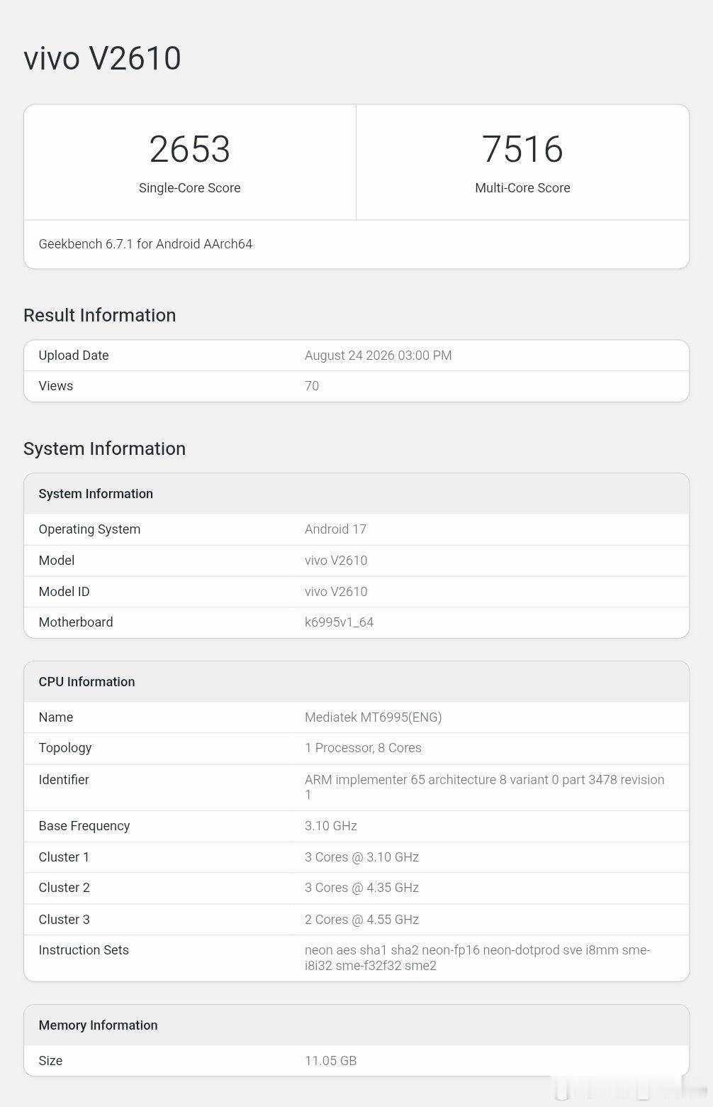 Vivo X500 Pro Max 现身 Geekbench 
MediaTek 天玑 9600 Pro
2nm TSMC N2P

CPU :
2× 4.55GHz 
3× 4.35GHz 
3× 3.10GHz 

GPU : Mali G2 Ultra NX MC12 (D9600 Pro)
XRING O3 : G2 Ultra NX MC16

单核 ~ 2600+
多核 ~ 7500+ 

#数码闲聊站[超话]##vivo##vivoX500# ​