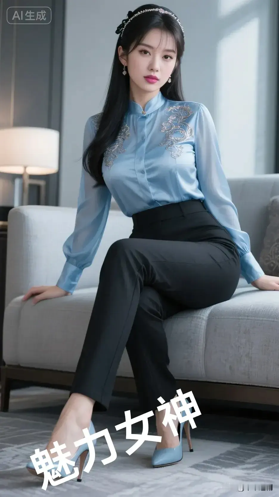 冰蓝刺绣衬衫雅致，黑裤衬得身姿窈窕。她是空间里的魅力女神，将干练与精...