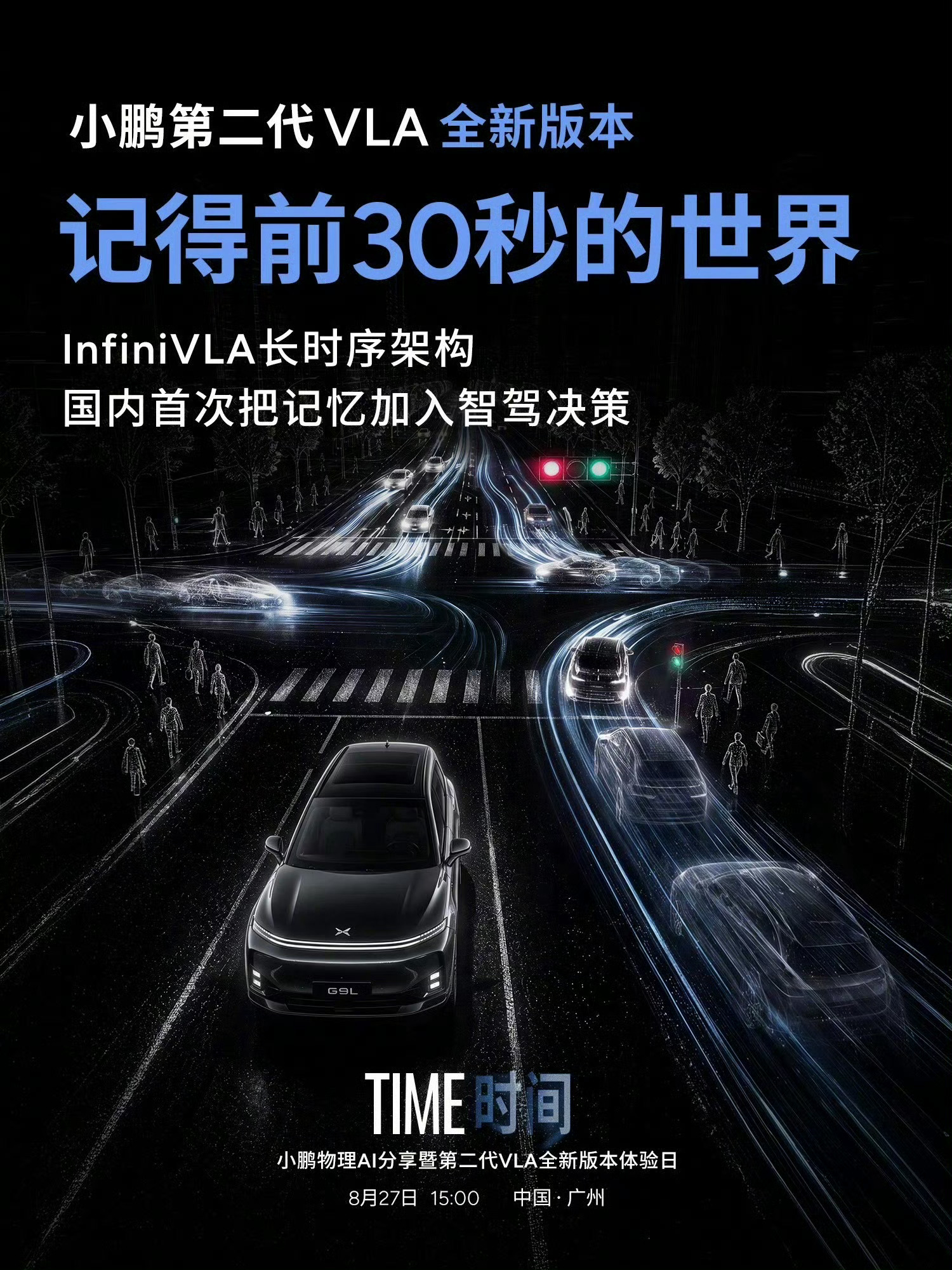 #小鹏第二代VLA首次模型重大升级#
智驾正式进入4D时空时代！

不是“看到什么”，而是“记得什么、预判什么”——小鹏Infini‑VLA物理世界基座模型，让AI第一次真正理解“时间”。

过去的智驾，是3D空间感知：识别车、人、路标，像一张静态地图。
而现在，小鹏把它升级为4D时空模型——加上了一个维度 ​