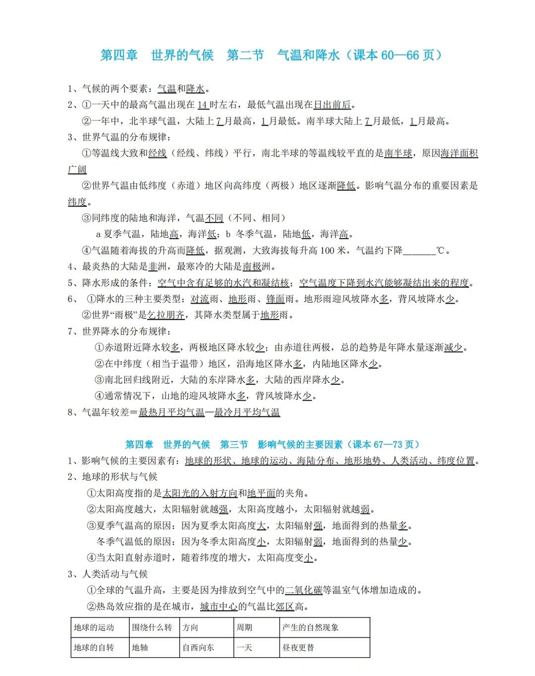 七上地理复习提纲，湘教版（下）