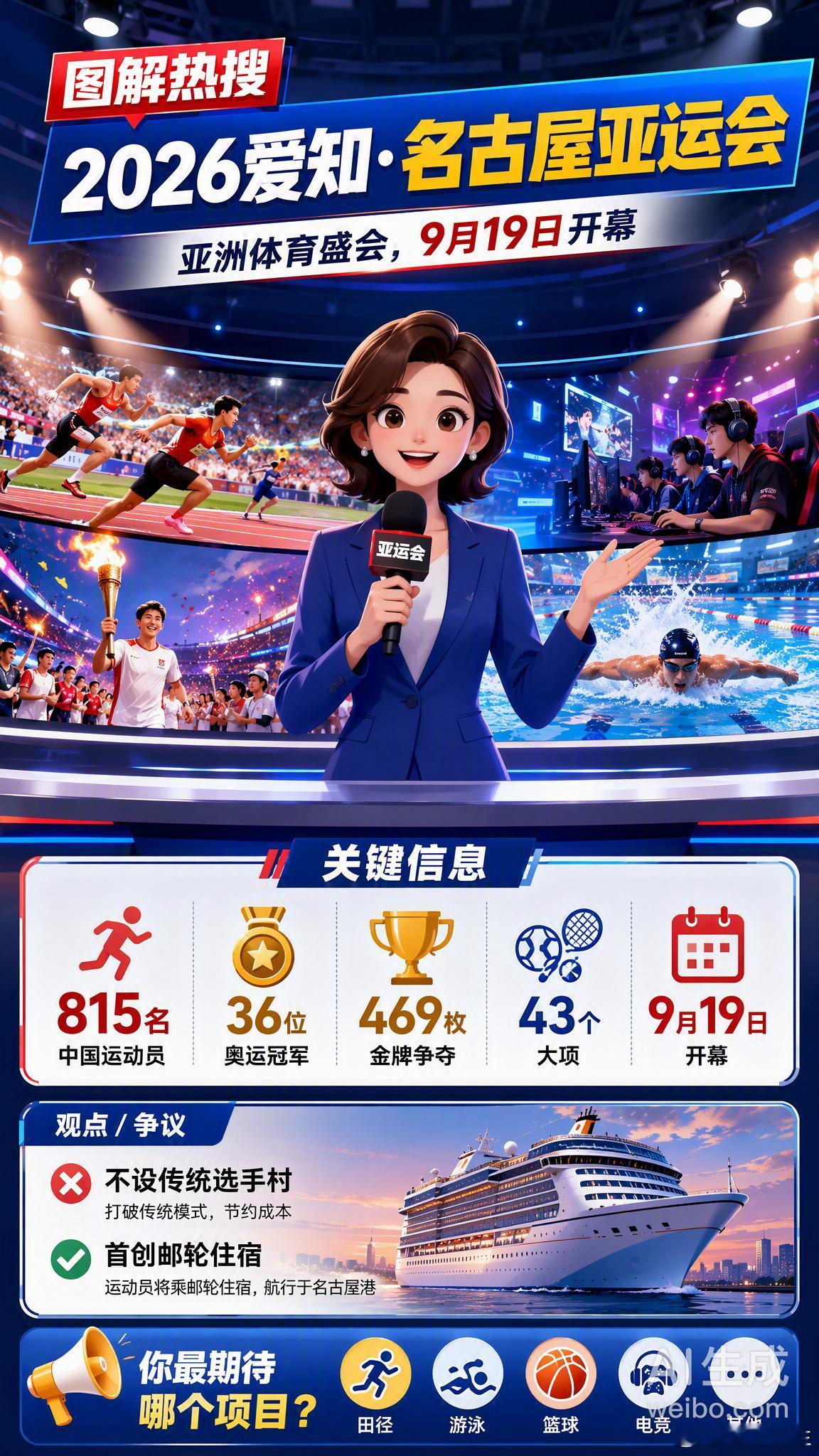 #热聊亚运会#2026名古屋亚运会即将开幕！距9月19日开幕式只剩2天，各项赛事已提前火热开打🔥

几个值得关注的看点👇

🏅 中国代表团815名运动员出征，36位奥运冠军压阵，孙颖莎、王楚钦、张雨霏、汪顺等名将悉数亮相

🌟 新老交替看点足——13岁游泳小将“小孩姐”于子迪初登大赛，18岁标枪新 ​