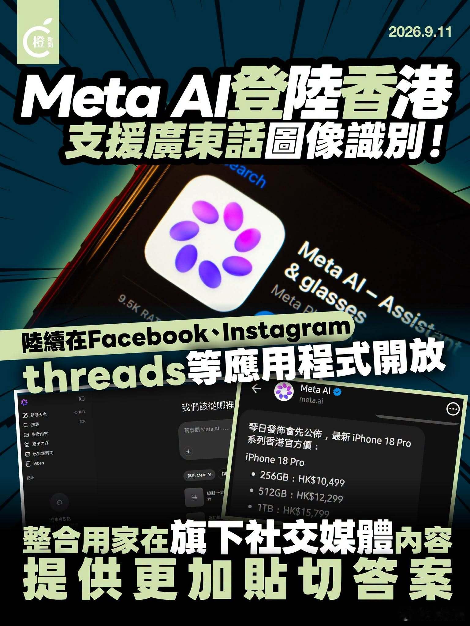 【Meta AI登陆香港，支持广东话图像识别】
Meta正式在香港推出Meta AI，用户可透过Meta AI应用程式、meta.ai网站使用Meta AI，亦将陆续可以在包括Facebook、Messenger、Instagram、Threads及WhatsApp应用程式使用该功能。Meta今次特别针对香港市场进行本地化，使Meta AI能够精准理解广东话用语、本地生 ​