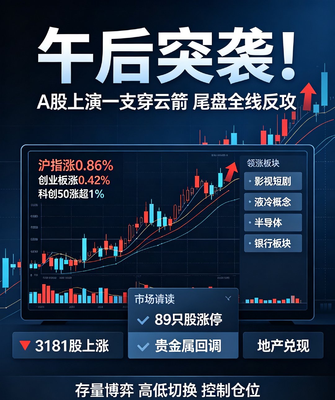 午后突袭！A股上演“一支穿云箭”，尾盘全线反攻

8月收官日，早盘市场还受美联储鹰派预期压制，午后资金大举回流，走出一波漂亮的探底回升行情。

收盘三大指数集体翻红：沪指涨0.86%，深成指涨0.44%，创业板指涨0.42%，科创50涨超1%。两市3181只个股上涨，89只涨停，2218只个股下跌，结构性行情特征 ​