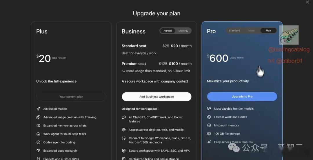 ChatGPT 也要出 Pro Max 了。

据今日开始热传的爆料称，OpenAI 正在筹备月费高达 500 美元的 ChatGPT Pro Max，价格是现有顶配档位的 2.5 倍，核心卖点仅有一句话：「最快的 Work 与 Codex」。

据推测，这里标注 600 美元是包含了 20% 的「渠道税」

两周前，它才刚因 GPT-6 Astra 挤爆集群而叫停了  ​