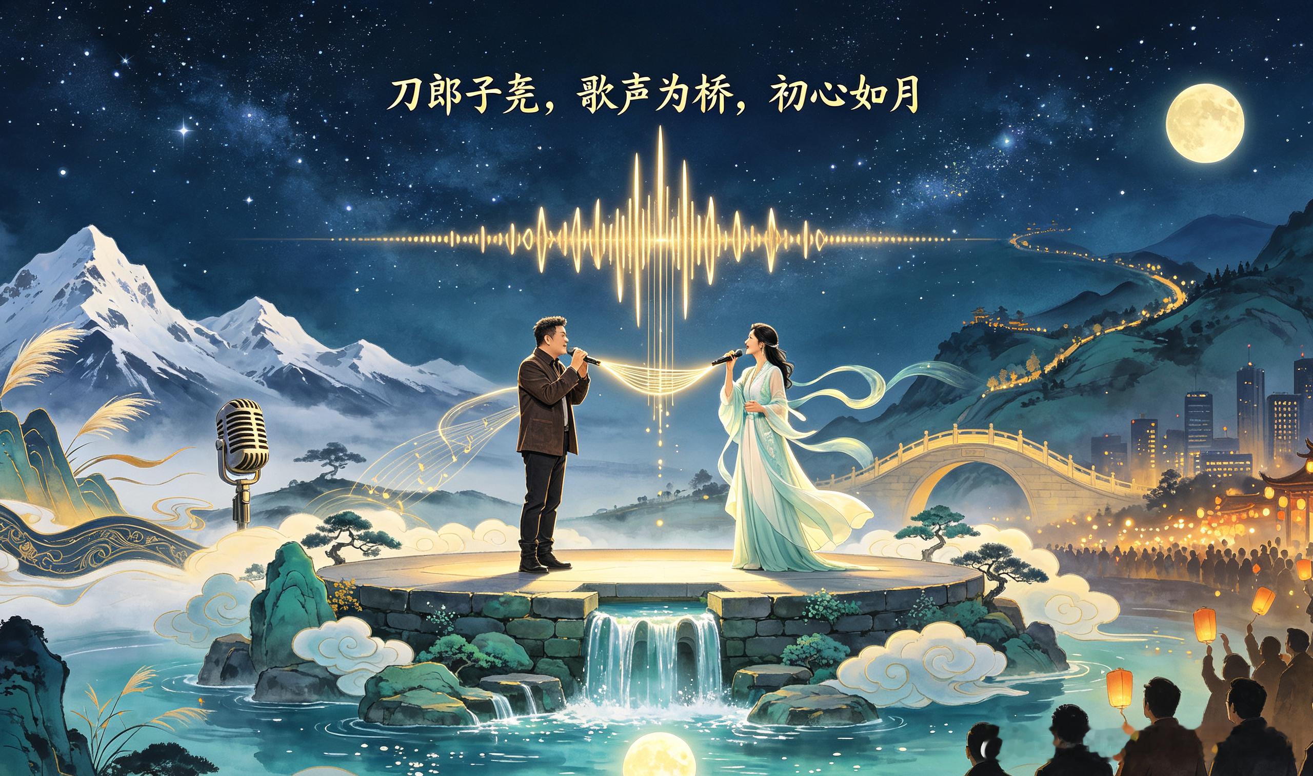 七绝·刀郎子尧

刀锋直上九重天
郎付三生醉玉弦
子夜奇缘情不尽
尧门叠瑞奉清泉

2024年10月14日

平水韵一先平韵

刀锋般的歌声直上云霄，郎心付与三生弦上。子夜时分，一段奇缘在旋律里缓缓展开，情不尽，意难休。尧门叠瑞，清泉自涌，像山歌从高原流下，洗净尘嚣。刀郎与子尧，一老一少，一沉一清， ​