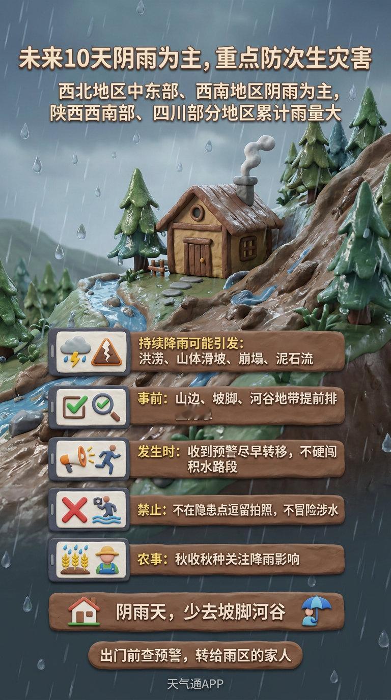 【未来10天阴雨为主，防次生灾害】
预警信息显示，预计未来10天，西北地区中东部、西南地区都将以阴雨天气为主，其中陕西西南部、四川部分地区累计雨量大；华西地区未来三天多阴雨，华南南部局地还有强降雨。#换季穿搭看天气通就对了# #昼夜温差这么大是认真的吗# #又到华西秋雨的季节了#

连续降雨最 ​