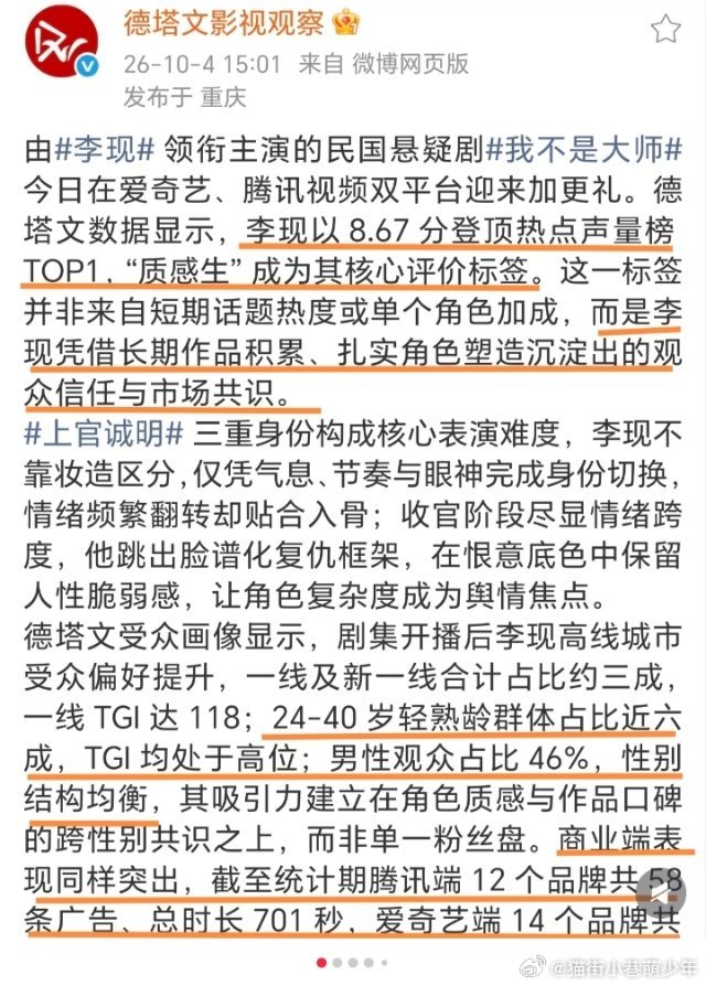 恭喜李现以8.67分登顶德塔文热点声量榜TOP1恭喜🎉恭喜新加品牌2个🎉

目前已累计141个广子，🐧12个品牌，🥝14个品牌，合计26个，新增霸王茶姬包场1019座

所以说，业内自有播剧的数据评判标准，李现《我不是大师》有效播剧，品质过硬，全是脱氵干货￼#我不是大师又一对爱人be#  ​
