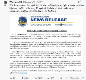 勇士官方发布消息：勇士队前锋吉米·巴特勒三世今日已在洛杉矶成功接受手术...