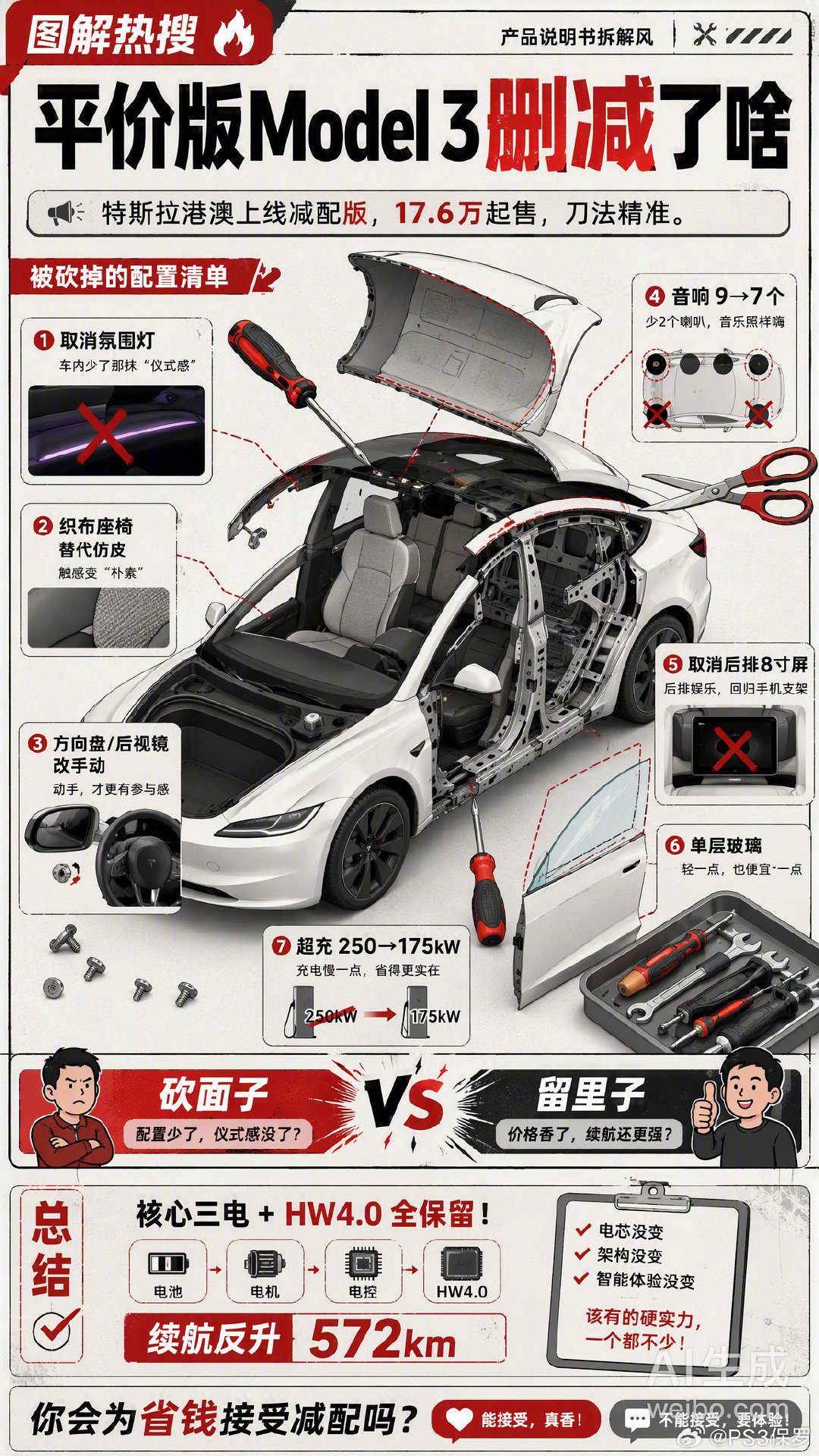 一图看懂平价版Model 3删减了哪些东西 [并不简单] #理想高管谈平价版Model3##平价版Model3删减了啥##特斯拉推出平价版Model3# ​