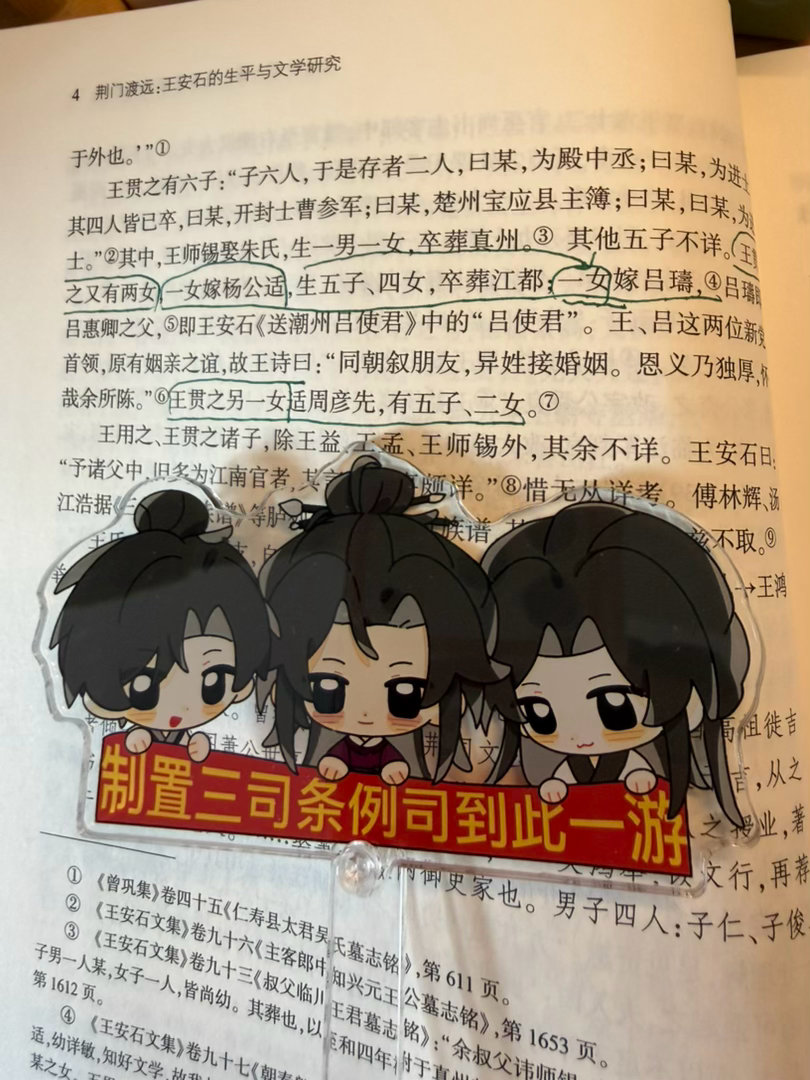 看到网友指出吕惠卿其实是王安石表外甥，回家打开书看了看这段话，发现确实是这样！我看漏了一行，只看到一女……一女……就兴冲冲分享了！一定是作者的表述问题，和我眼神不好没关系原文：【王贯之又有两女，一女嫁杨公适，生五子、四女,卒葬江都;一女嫁吕璹，吕璹即吕惠卿之父，即王安石《送潮州吕便君》中的“吕使君”。……王贯之另一女适周彦先，有五子、二女。】