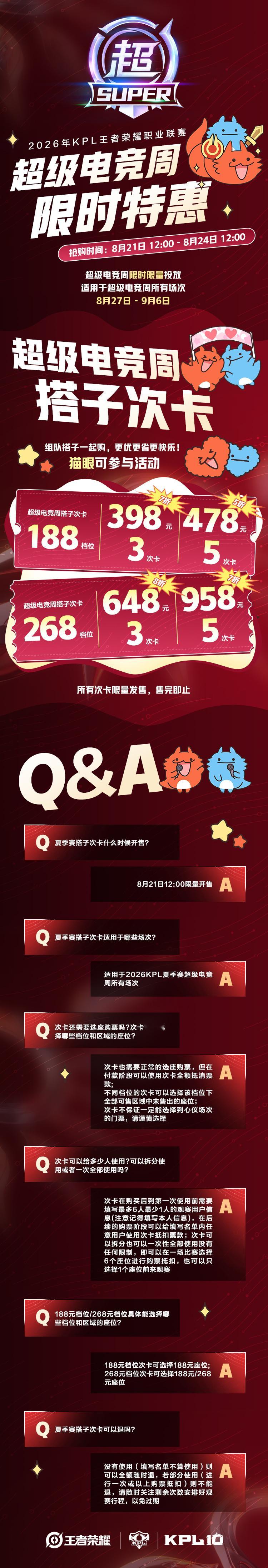#2026KPL夏季赛# 季后赛【售票指南】奉上！

[星星]季后赛时间：8月27日-9月6日，赛制详解见图5

【售票时间】
[星星]8月21日12:00开售搭子次卡；
[星星]8月24日12:00开售8月27日-9月3日的场次；
[星星]8月31日12:00开售9月4日-9月6日的场次；
[星星]权益加购在当场次比赛日中午12点开启；

【检票时间 ​