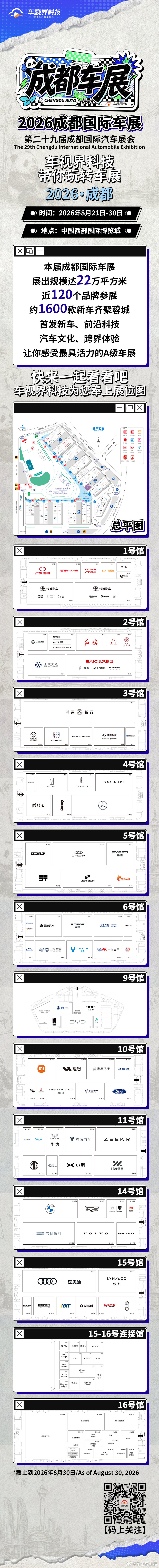 超全成都车展展位图新鲜出炉✨
第二十九届成都国际车展即将启幕！
22万㎡展出规模，近120个品牌、1600款新车齐聚，展馆这么大，逛展怕迷路？
车视界科技奉上完整展位分布图，帮你高效打卡，玩转2026成都车展！#成都车展##2026成都车展# ​