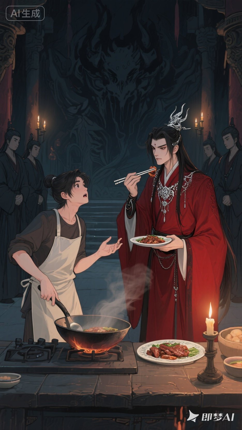 Deepseek制作《我在魔教当卧底》分镜脚本

第1集

---

场景1-1 魔教大殿 日 内

镜1：大全景，从大殿穹顶缓缓下摇。烛火幽暗，两侧魔教弟子肃立，正中宝座上魔尊红衣银冠，歪着身子。

镜2：中景，林小凡站在大殿中央，黑衣明显不合身，袖口长出一截。他双手绞在身前，脚尖不自觉蹭地。

镜3：近景， ​